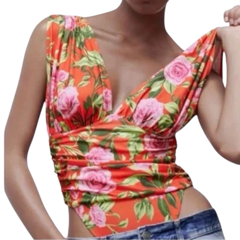 NWOTS Zara Women’s Multicolor Floral Draped Ruched Cutout Leotard Body Suit Sz S